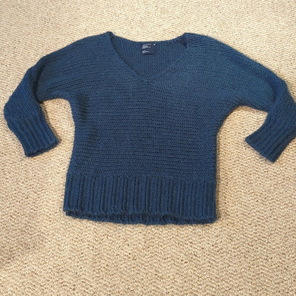 American Eagle Chunky Open Knit Sweater Womens M Blue V Neck Wool